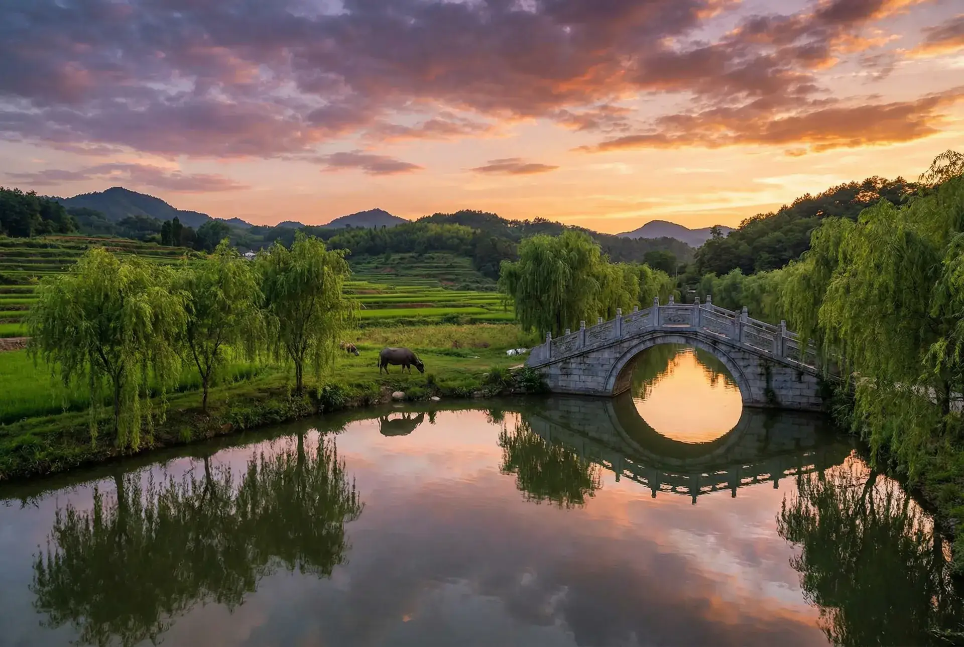 夕阳下的石拱桥与垂柳，水牛在河边吃草 - 原野人伦理电影在线播放 乡村美景